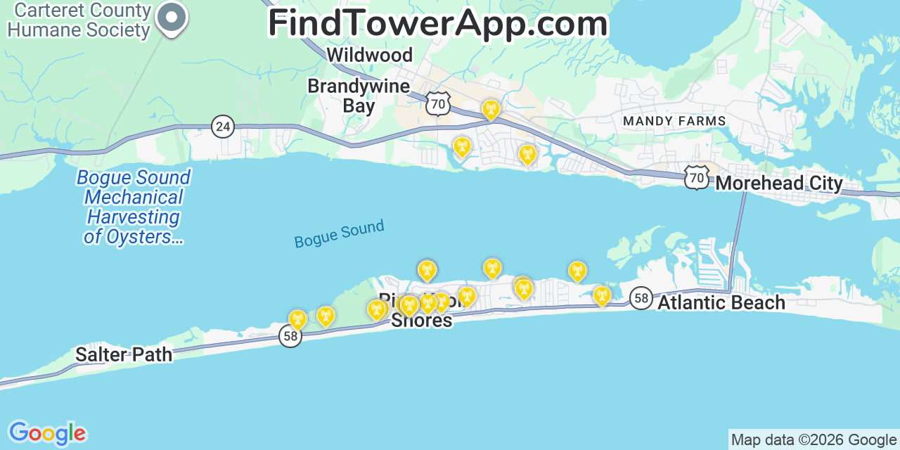 Map showing the 20 primary cell tower locations detected in Pine Knoll Shores, North Carolina from AT&T, Verizon, and T-Mobile networks