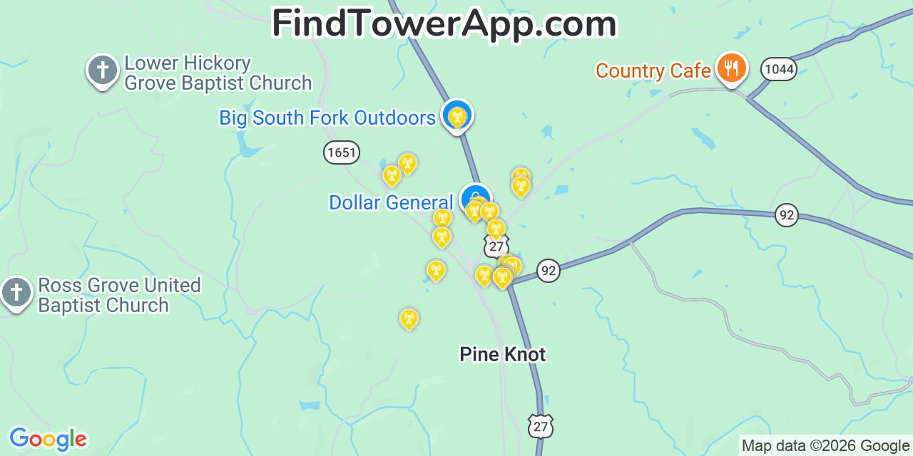 Map showing the 20 primary cell tower locations detected in Pine Knot, Kentucky from AT&T, Verizon, and T-Mobile networks