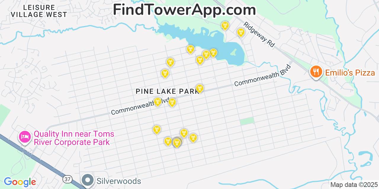 Map showing the 20 primary cell tower locations detected in Pine Lake Park, New Jersey from AT&T, Verizon, and T-Mobile networks