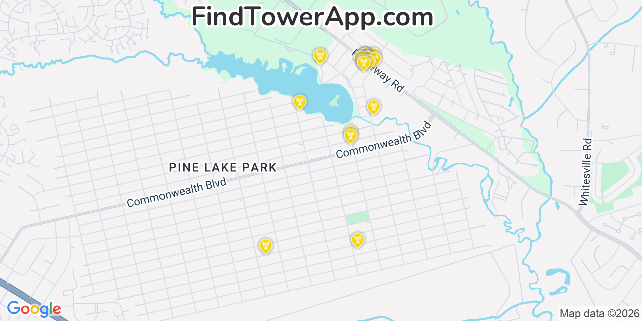 Map showing the 20 primary cell tower locations detected in Pine Lake Park, New Jersey from AT&T, Verizon, and T-Mobile networks