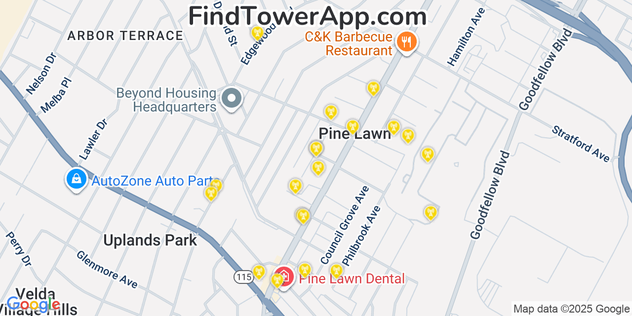 Map showing the 20 primary cell tower locations detected in Pine Lawn, Missouri from AT&T, Verizon, and T-Mobile networks