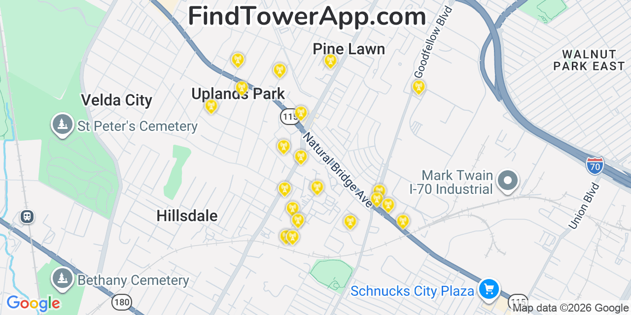 Map showing the 20 primary cell tower locations detected in Pine Lawn, Missouri from AT&T, Verizon, and T-Mobile networks