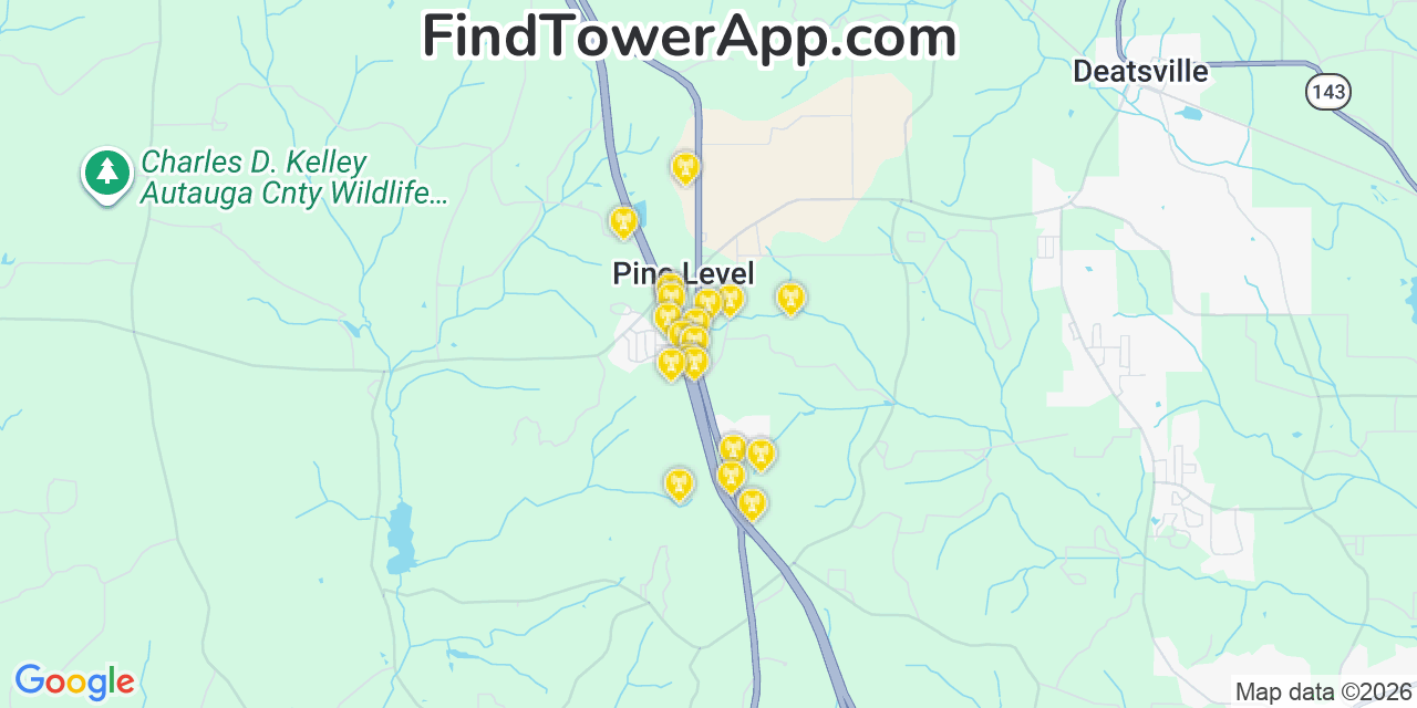Map showing the 20 primary cell tower locations detected in Pine Level, Alabama from AT&T, Verizon, and T-Mobile networks