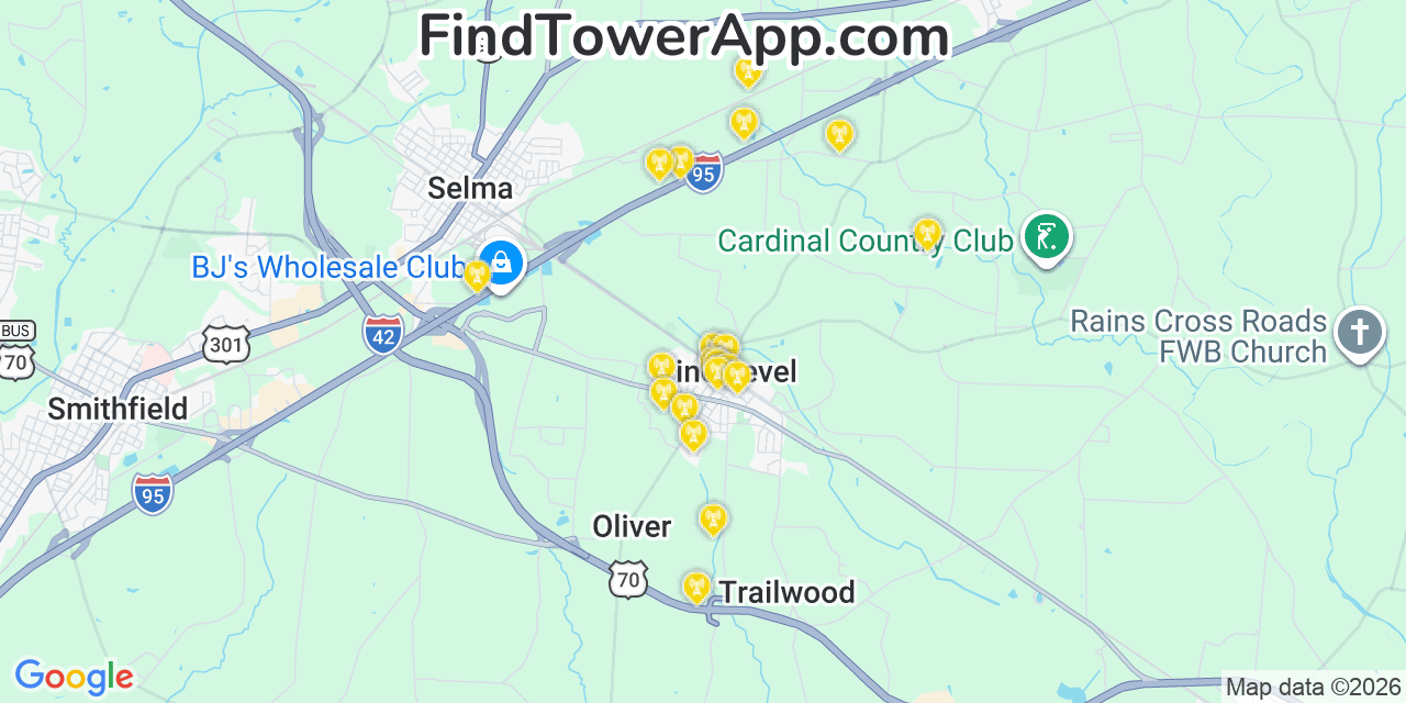 Map showing the 20 primary cell tower locations detected in Pine Level, North Carolina from AT&T, Verizon, and T-Mobile networks