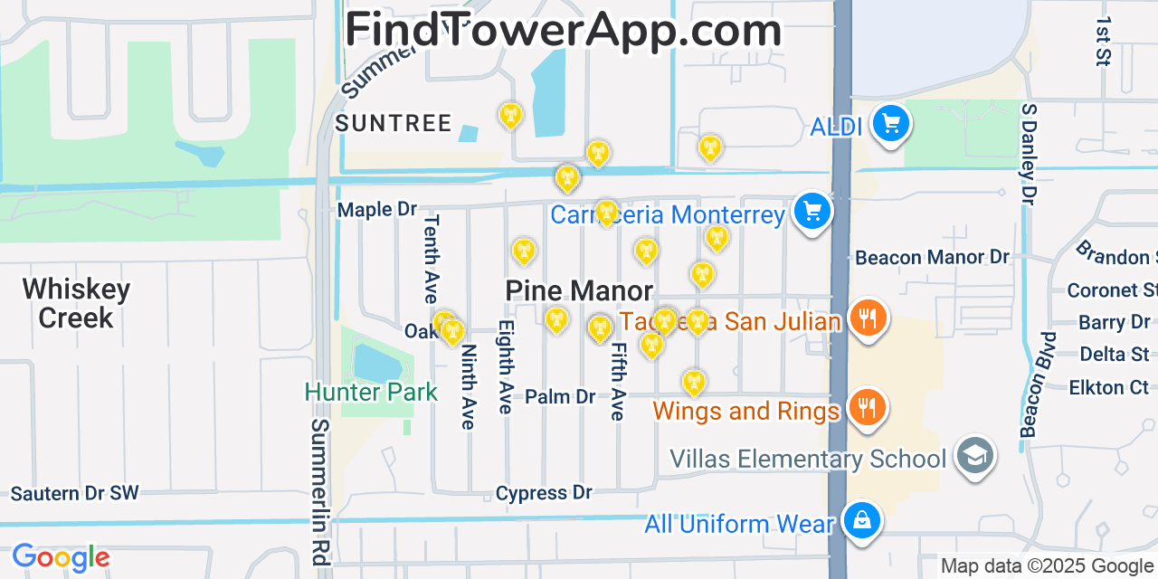 Map showing the 20 primary cell tower locations detected in Pine Manor, Florida from AT&T, Verizon, and T-Mobile networks