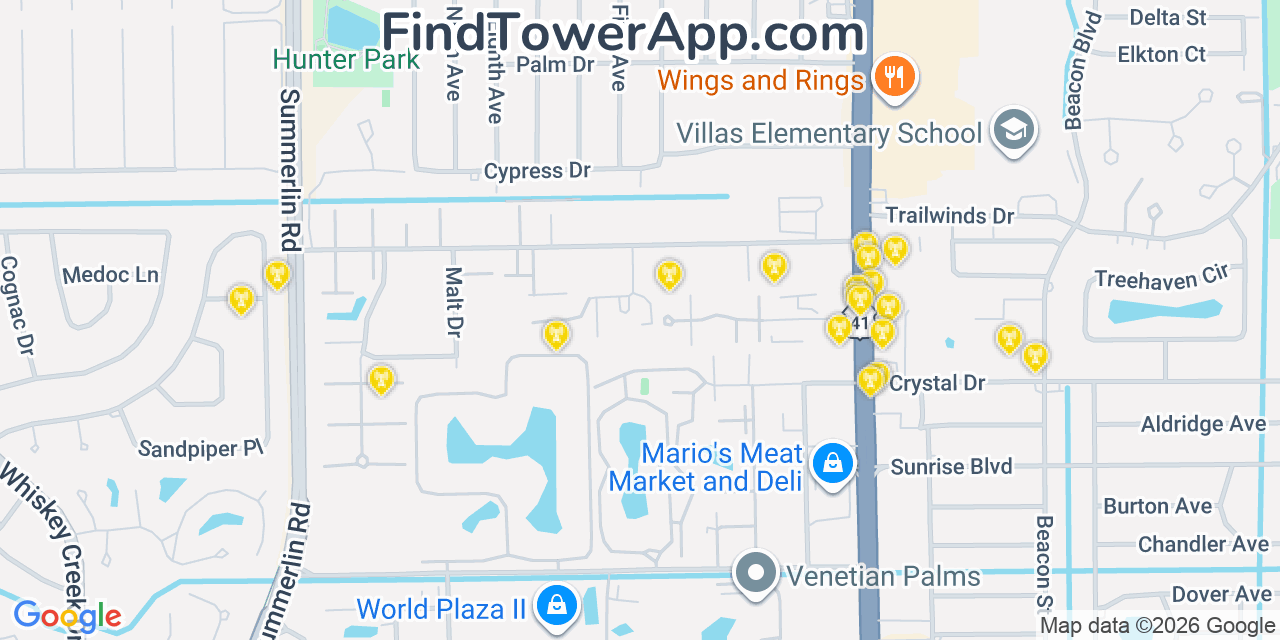 Map showing the 20 primary cell tower locations detected in Pine Manor, Florida from AT&T, Verizon, and T-Mobile networks