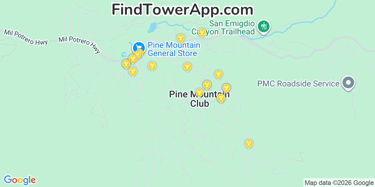 Map showing the 20 primary cell tower locations detected in Pine Mountain Club, California from AT&T, Verizon, and T-Mobile networks