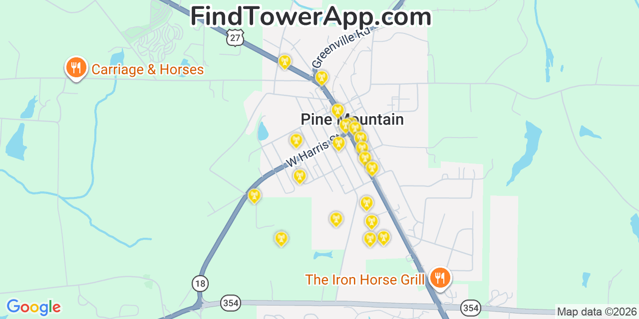 Map showing the 20 primary cell tower locations detected in Pine Mountain, Georgia from AT&T, Verizon, and T-Mobile networks
