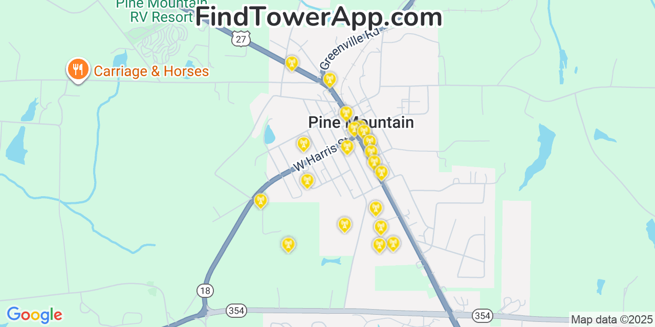 Map showing the 20 primary Mobitel cell tower locations detected in Pine Mountain, Georgia with coverage radius and signal strength indicators