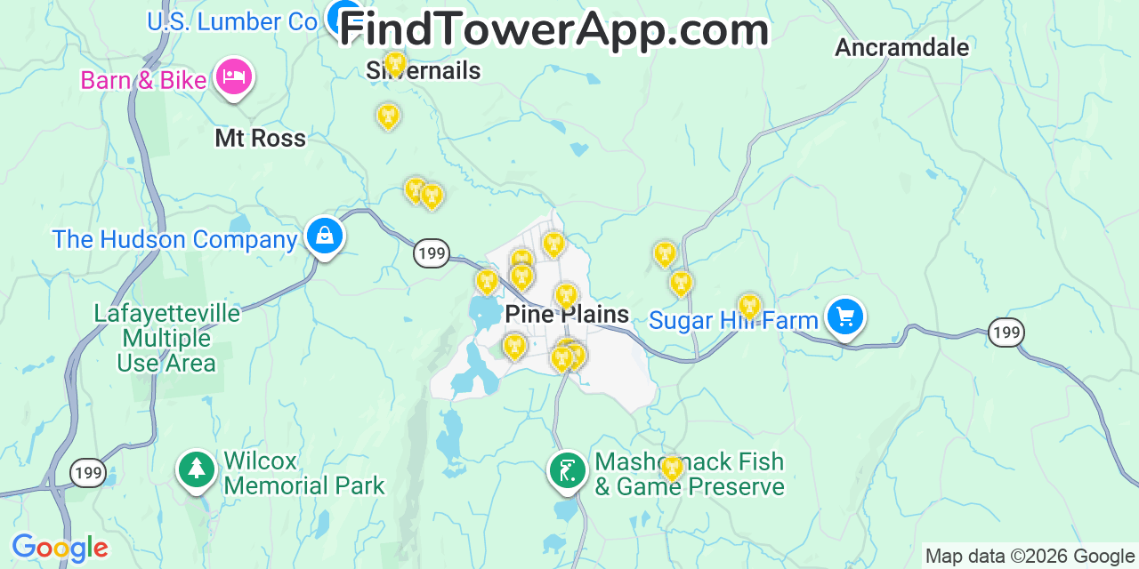 Map showing the 20 primary cell tower locations detected in Pine Plains, New York from AT&T, Verizon, and T-Mobile networks