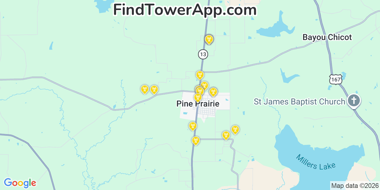 Map showing the 20 primary cell tower locations detected in Pine Prairie, Louisiana from AT&T, Verizon, and T-Mobile networks