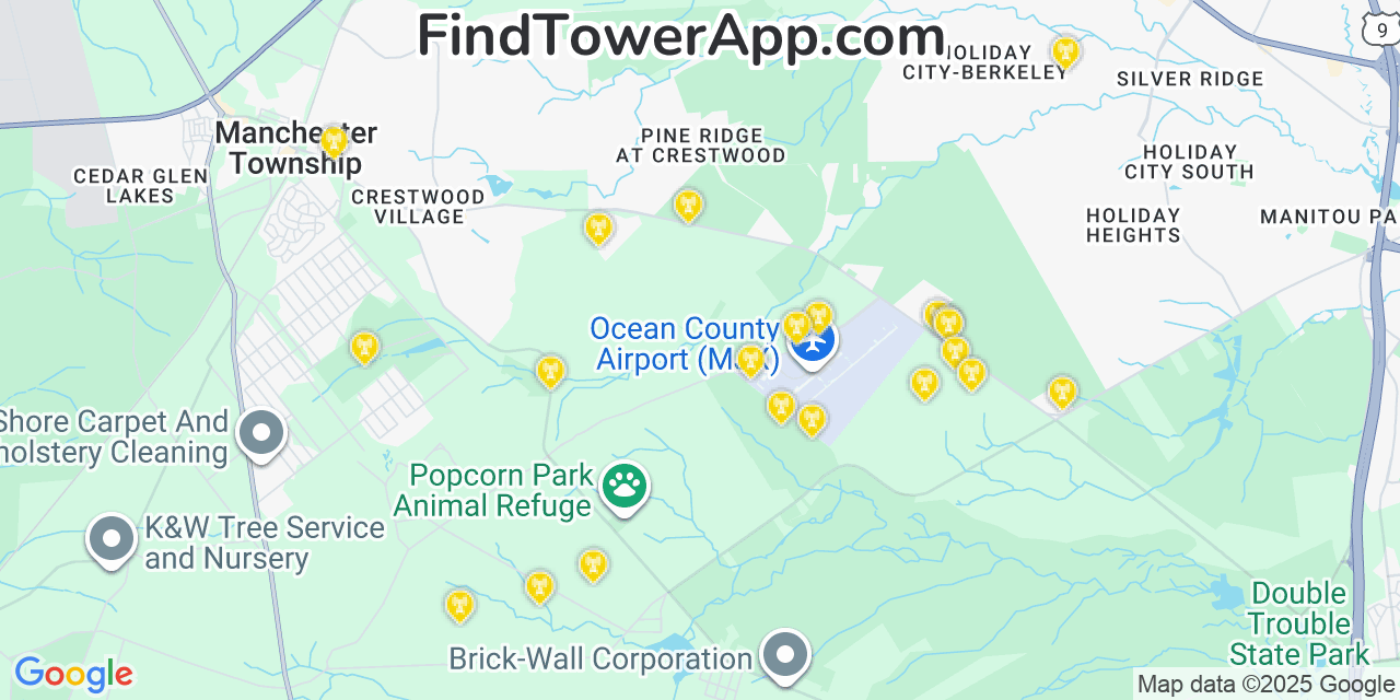 Map showing the 21 primary AT&T cell tower locations detected in Pine Ridge At Crestwood, New Jersey with coverage radius and signal strength indicators