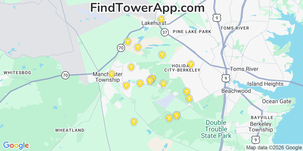 Map showing the 20 primary cell tower locations detected in Pine Ridge At Crestwood, New Jersey from AT&T, Verizon, and T-Mobile networks