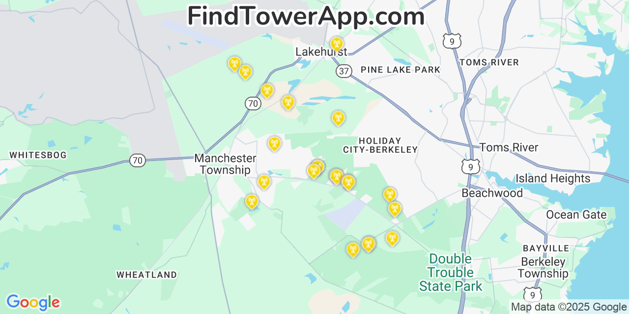 Map showing the 22 primary T-Mobile cell tower locations detected in Pine Ridge At Crestwood, New Jersey with coverage radius and signal strength indicators