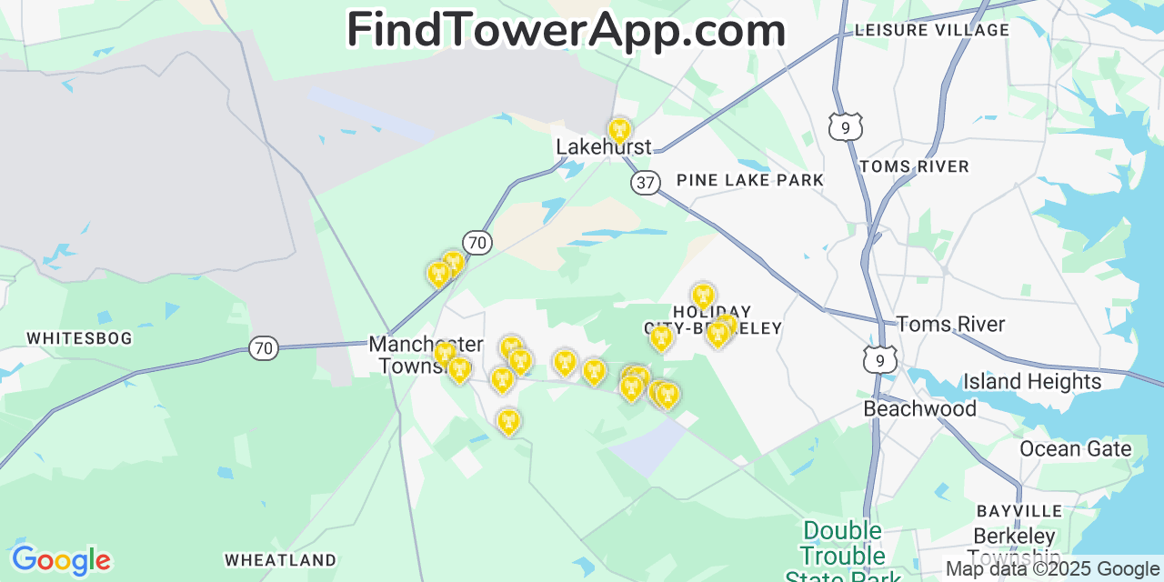 Map showing the 20 primary Verizon cell tower locations detected in Pine Ridge At Crestwood, New Jersey with coverage radius and signal strength indicators
