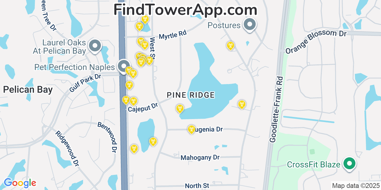 Map showing the 20 primary cell tower locations detected in Pine Ridge, Florida from AT&T, Verizon, and T-Mobile networks