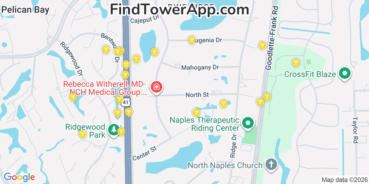 Map showing the 20 primary cell tower locations detected in Pine Ridge, Florida from AT&T, Verizon, and T-Mobile networks