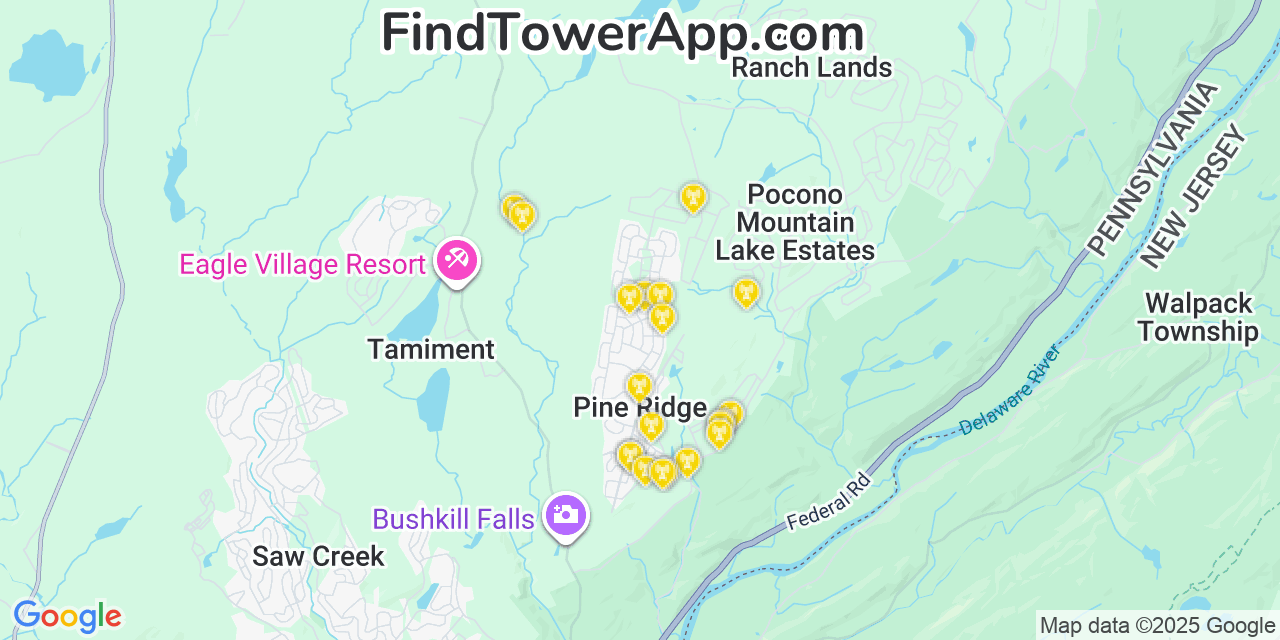 Map showing the 20 primary cell tower locations detected in Pine Ridge, Pennsylvania from AT&T, Verizon, and T-Mobile networks