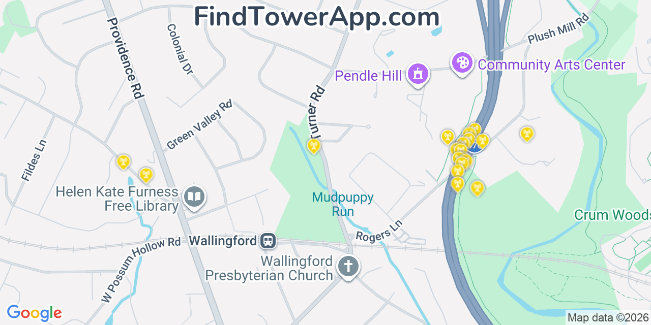 Map showing the 20 primary cell tower locations detected in Pine Ridge, Pennsylvania from AT&T, Verizon, and T-Mobile networks