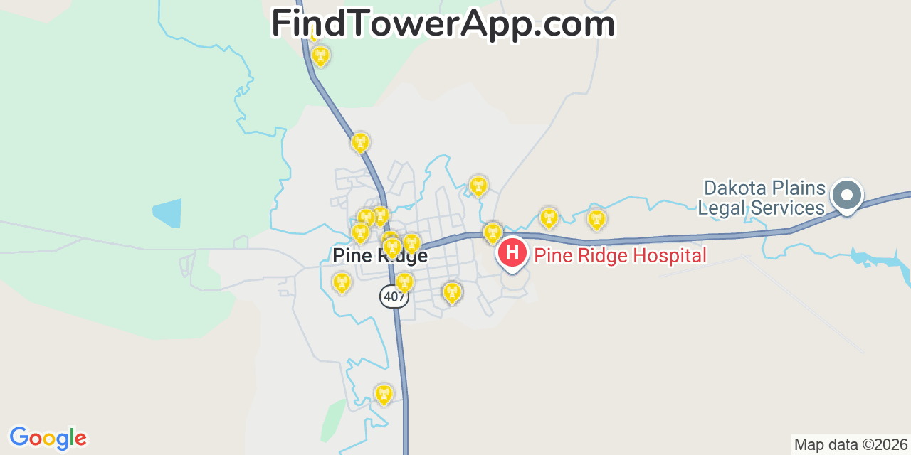 Map showing the 20 primary cell tower locations detected in Pine Ridge, South Dakota from AT&T, Verizon, and T-Mobile networks