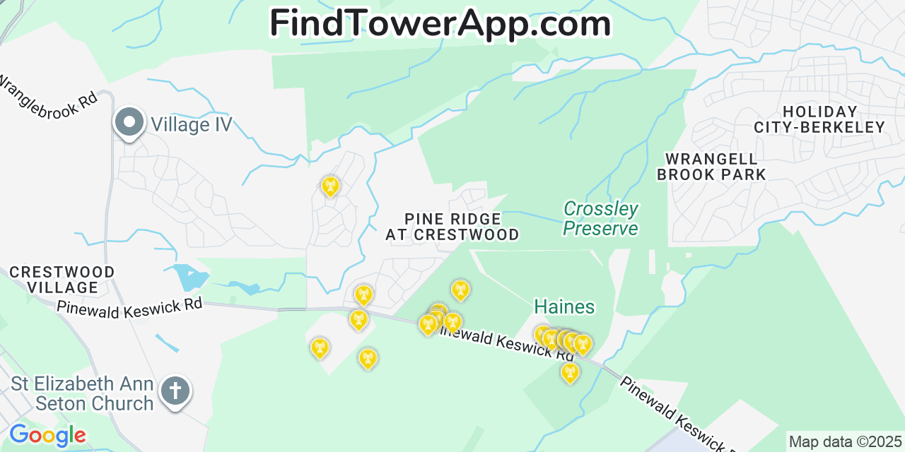 Map showing the 20 primary cell tower locations detected in Pine Ridge at Crestwood, New Jersey from AT&T, Verizon, and T-Mobile networks