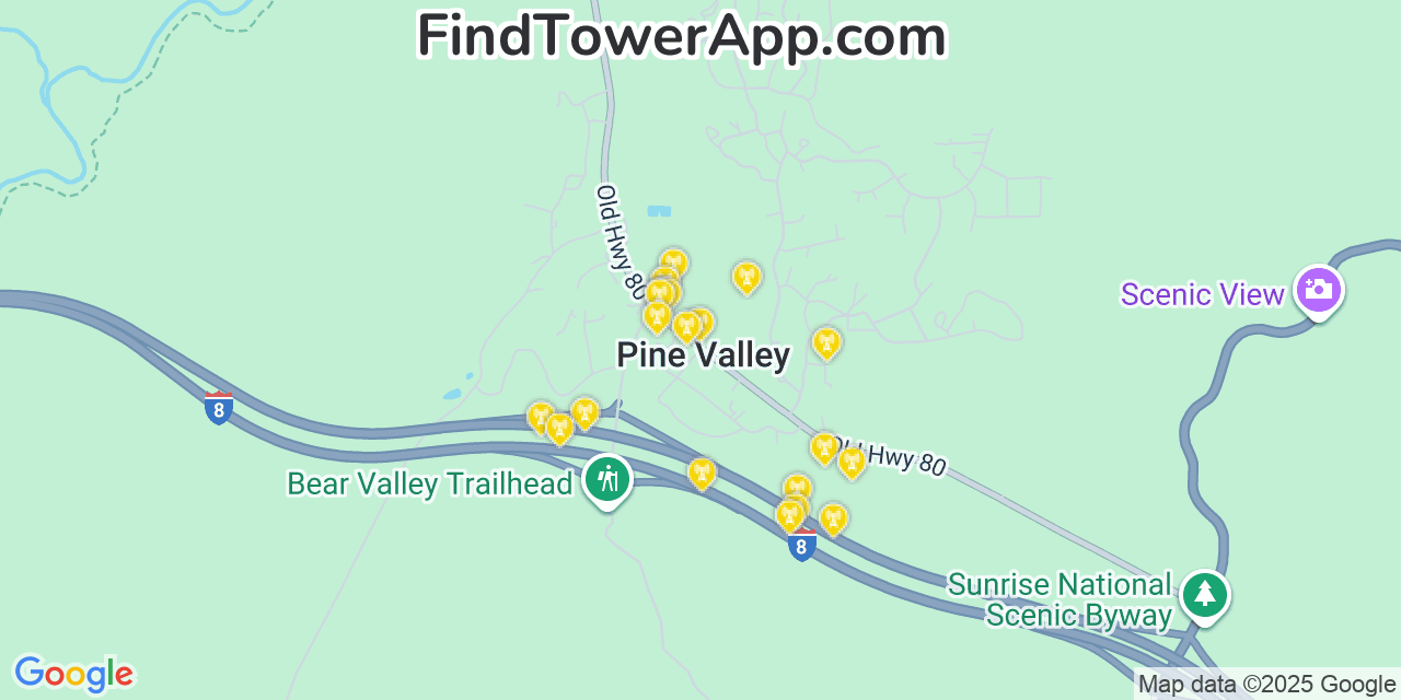 Map showing the 20 primary cell tower locations detected in Pine Valley, California from AT&T, Verizon, and T-Mobile networks