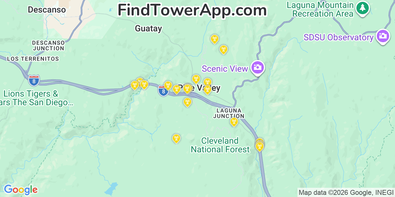 Map showing the 20 primary cell tower locations detected in Pine Valley, California from AT&T, Verizon, and T-Mobile networks