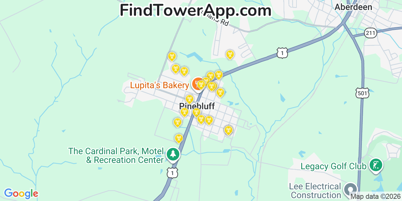 Map showing the 20 primary cell tower locations detected in Pinebluff, North Carolina from AT&T, Verizon, and T-Mobile networks