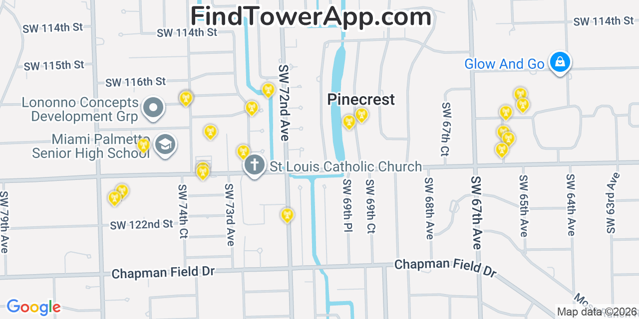 Map showing the 20 primary cell tower locations detected in Pinecrest, Florida from AT&T, Verizon, and T-Mobile networks