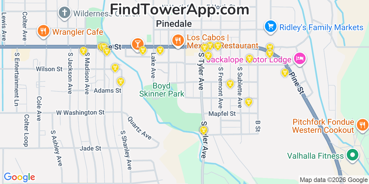 Map showing the 20 primary cell tower locations detected in Pinedale, Wyoming from AT&T, Verizon, and T-Mobile networks