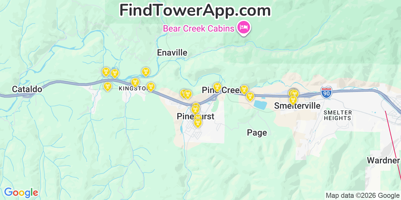 Map showing the 20 primary cell tower locations detected in Pinehurst, Idaho from AT&T, Verizon, and T-Mobile networks