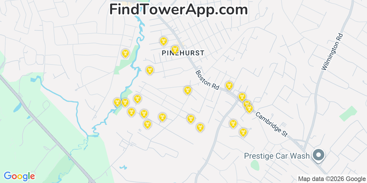 Map showing the 20 primary cell tower locations detected in Pinehurst, Massachusetts from AT&T, Verizon, and T-Mobile networks