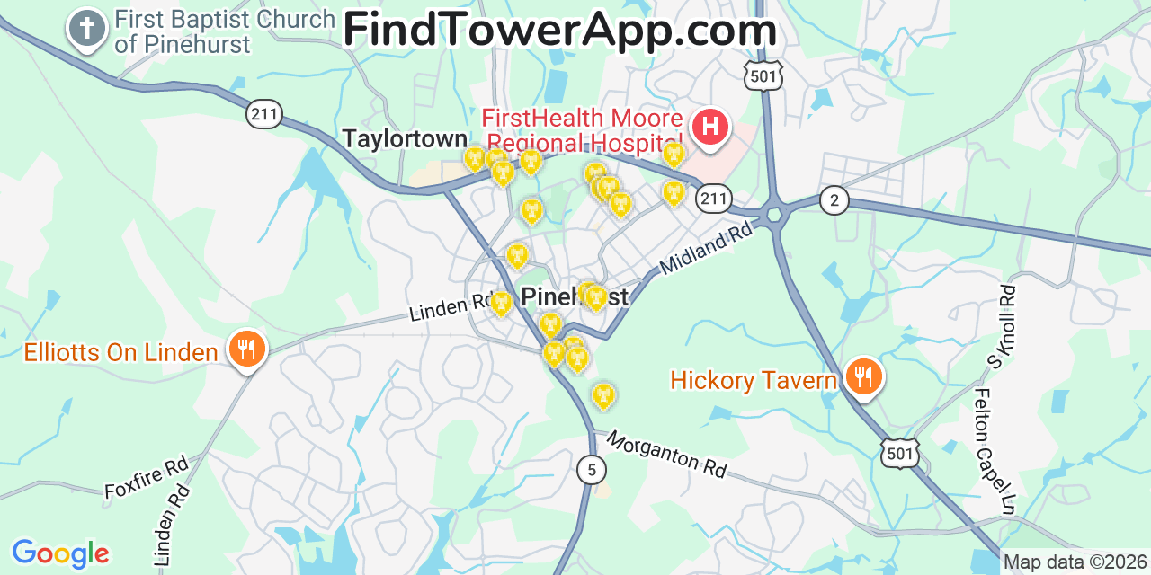 Map showing the 20 primary cell tower locations detected in Pinehurst, North Carolina from AT&T, Verizon, and T-Mobile networks