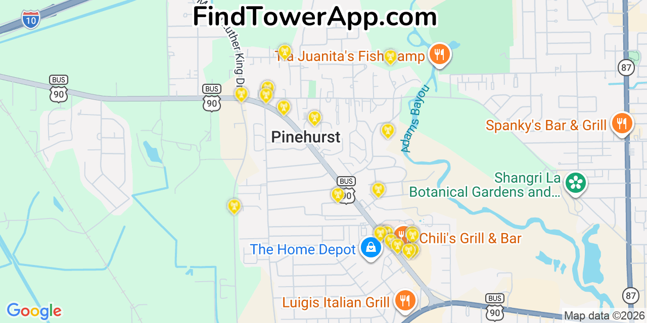 Map showing the 20 primary cell tower locations detected in Pinehurst, Texas from AT&T, Verizon, and T-Mobile networks