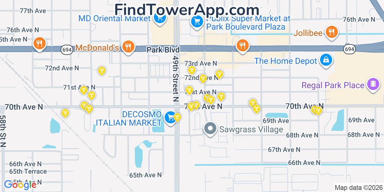 Map showing the 20 primary cell tower locations detected in Pinellas Park, Florida from AT&T, Verizon, and T-Mobile networks