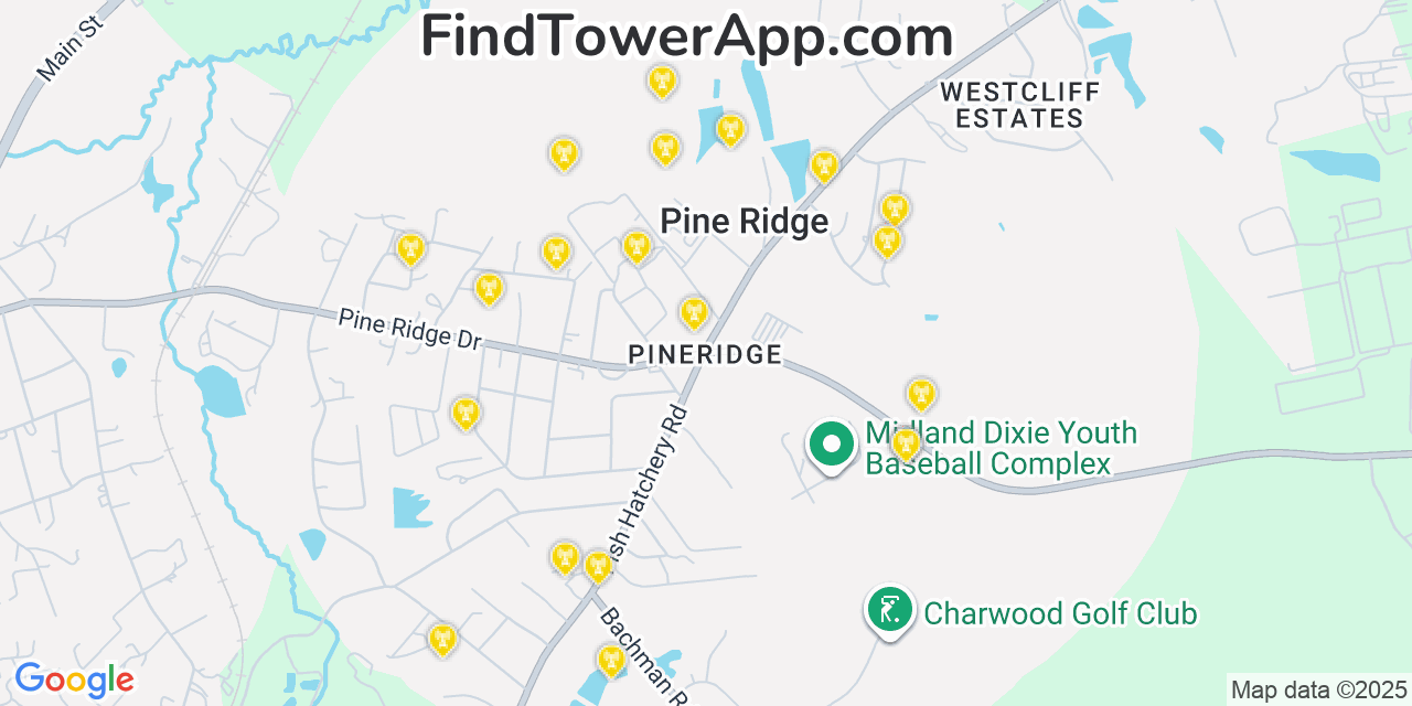 Map showing the 20 primary cell tower locations detected in Pineridge, South Carolina from AT&T, Verizon, and T-Mobile networks