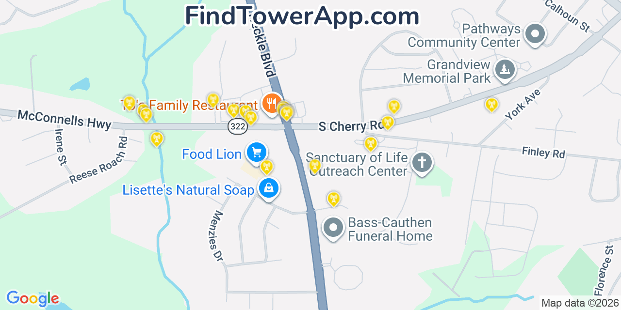 Map showing the 20 primary cell tower locations detected in Pineridge, South Carolina from AT&T, Verizon, and T-Mobile networks