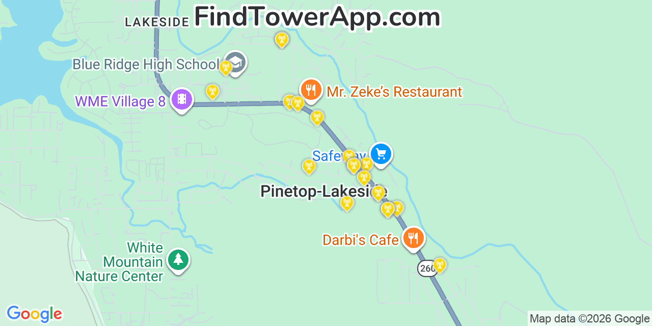 Map showing the 20 primary cell tower locations detected in Pinetop Lakeside, Arizona from AT&T, Verizon, and T-Mobile networks