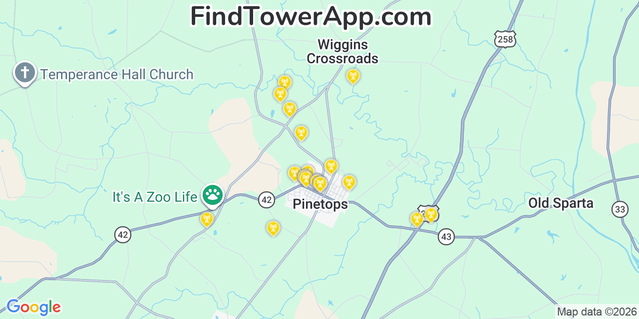 Map showing the 20 primary cell tower locations detected in Pinetops, North Carolina from AT&T, Verizon, and T-Mobile networks