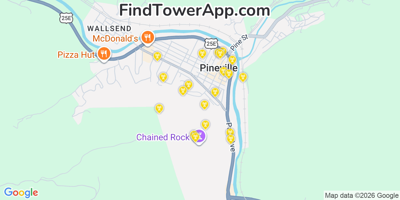 Map showing the 20 primary cell tower locations detected in Pineville, Kentucky from AT&T, Verizon, and T-Mobile networks