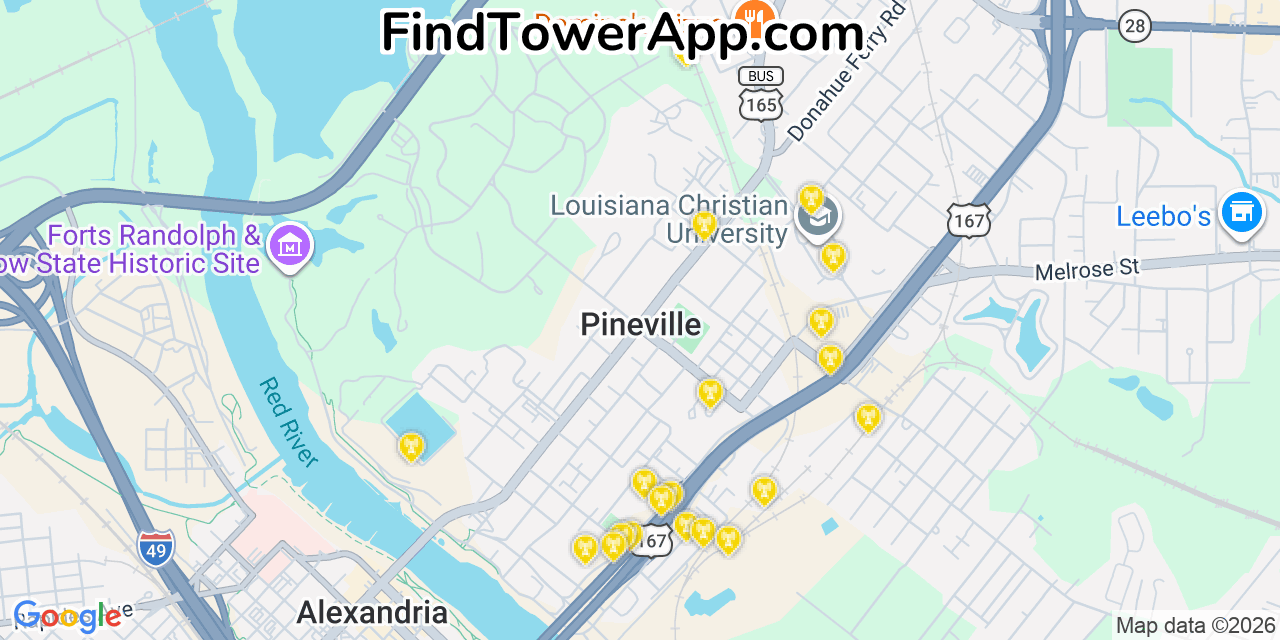 Map showing the 20 primary cell tower locations detected in Pineville, Louisiana from AT&T, Verizon, and T-Mobile networks