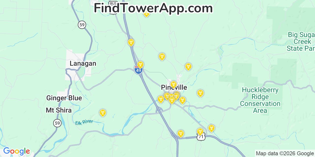Map showing the 20 primary cell tower locations detected in Pineville, Missouri from AT&T, Verizon, and T-Mobile networks