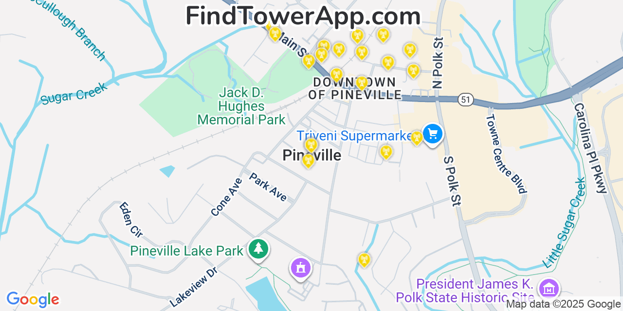 Map showing the 20 primary cell tower locations detected in Pineville, North Carolina from AT&T, Verizon, and T-Mobile networks
