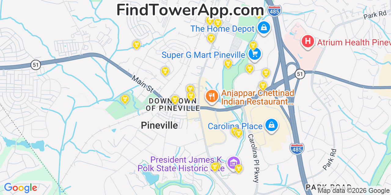 Map showing the 20 primary cell tower locations detected in Pineville, North Carolina from AT&T, Verizon, and T-Mobile networks