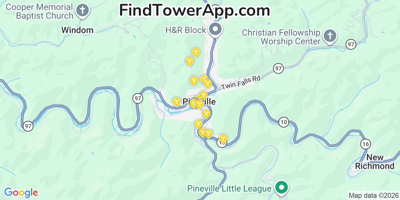 Map showing the 20 primary cell tower locations detected in Pineville, West Virginia from AT&T, Verizon, and T-Mobile networks