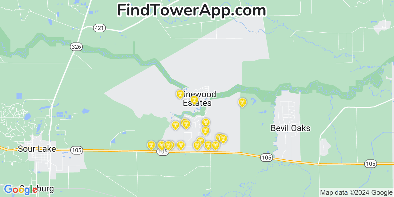 AT&T 4G/5G cell tower coverage map Pinewood Estates, Texas