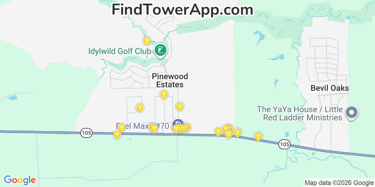Map showing the 20 primary cell tower locations detected in Pinewood Estates, Texas from AT&T, Verizon, and T-Mobile networks
