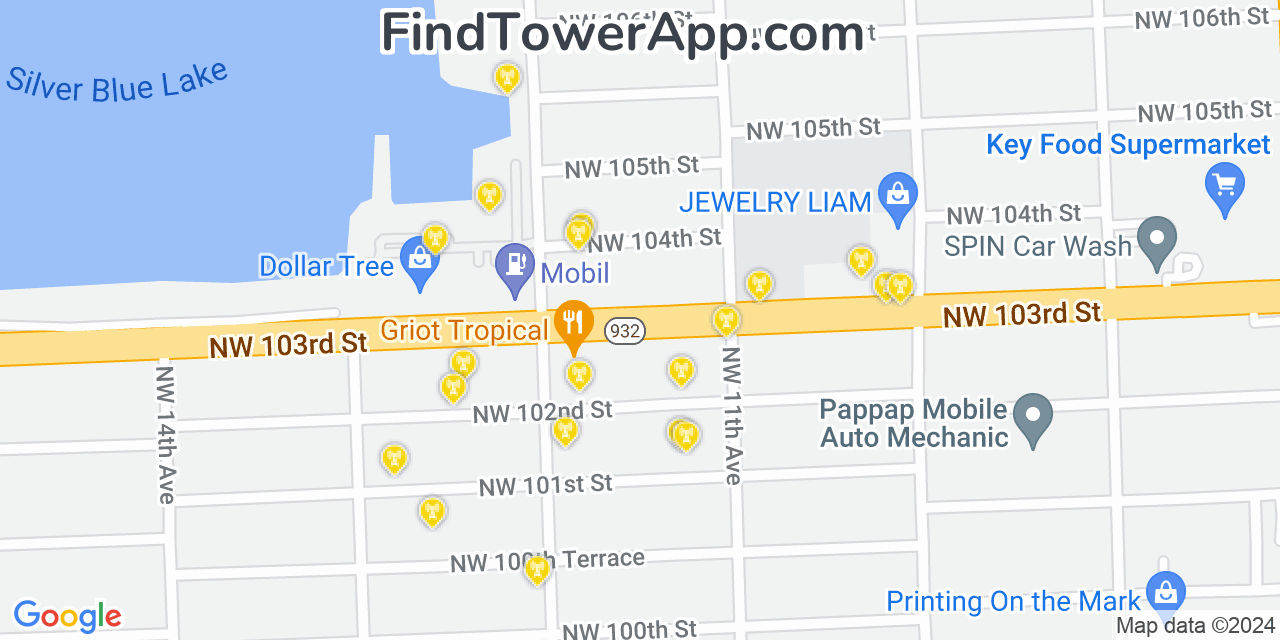 AT&T 4G/5G cell tower coverage map Pinewood, Florida