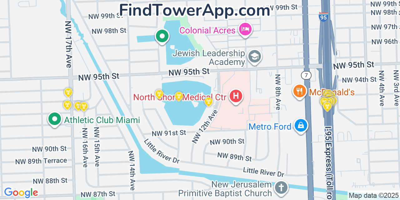 Map showing the 20 primary cell tower locations detected in Pinewood, Florida from AT&T, Verizon, and T-Mobile networks