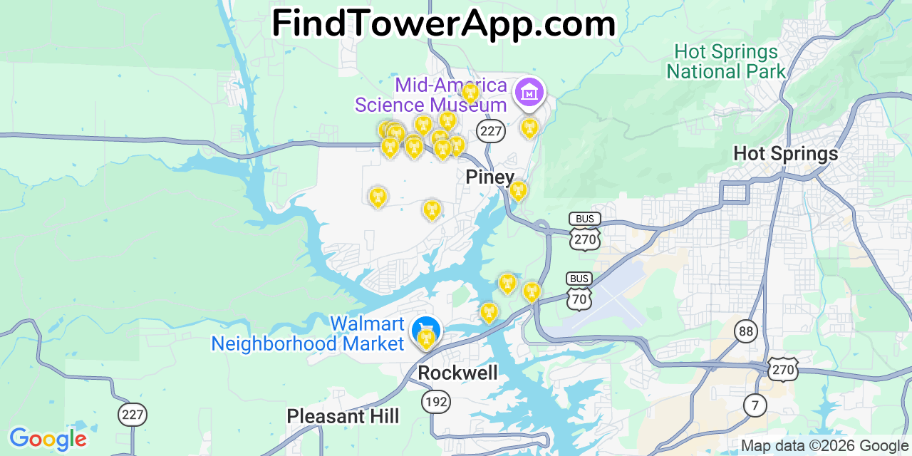 Map showing the 20 primary cell tower locations detected in Piney, Arkansas from AT&T, Verizon, and T-Mobile networks